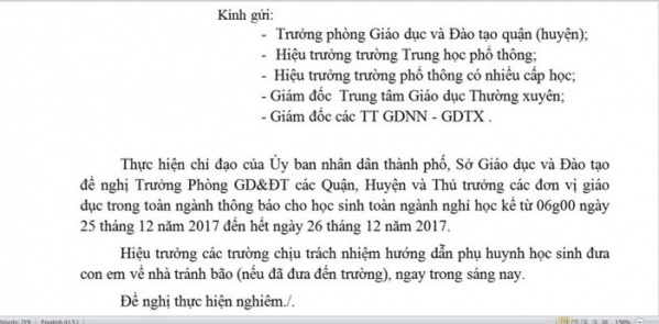 Nội dung công văn khẩn của Sở GD&ĐT TP.HCM sáng 25/12. Ảnh: Báo Pháp luật TP. Hồ Chí Minh